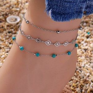 3pc Silver Bohemian Style Turquoise Anklets